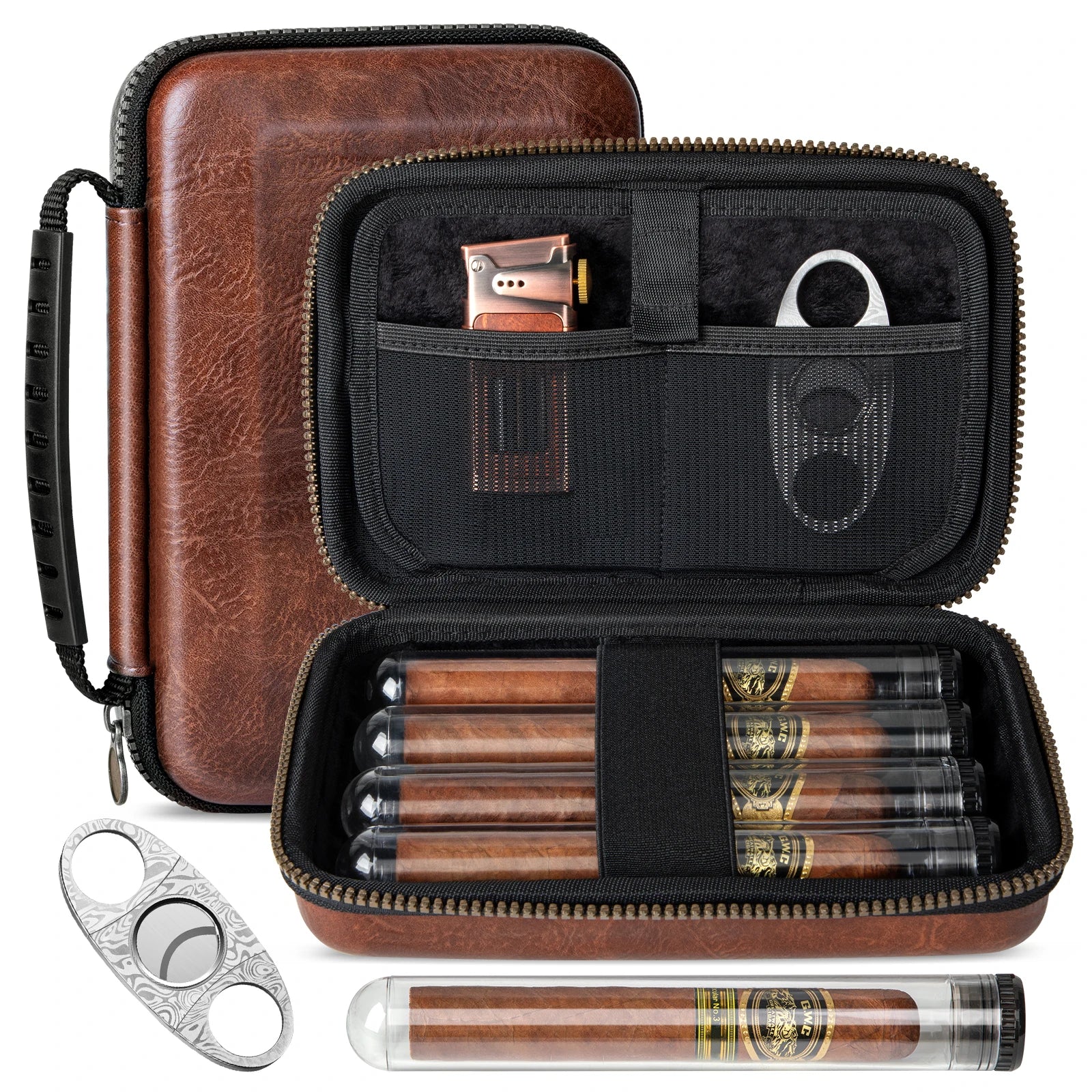 Leather Travel Cigar Humidor with 4 Cigar Tube and Cigar Cutter,Cigar Accessories Gift Set for Men,Lighter not included