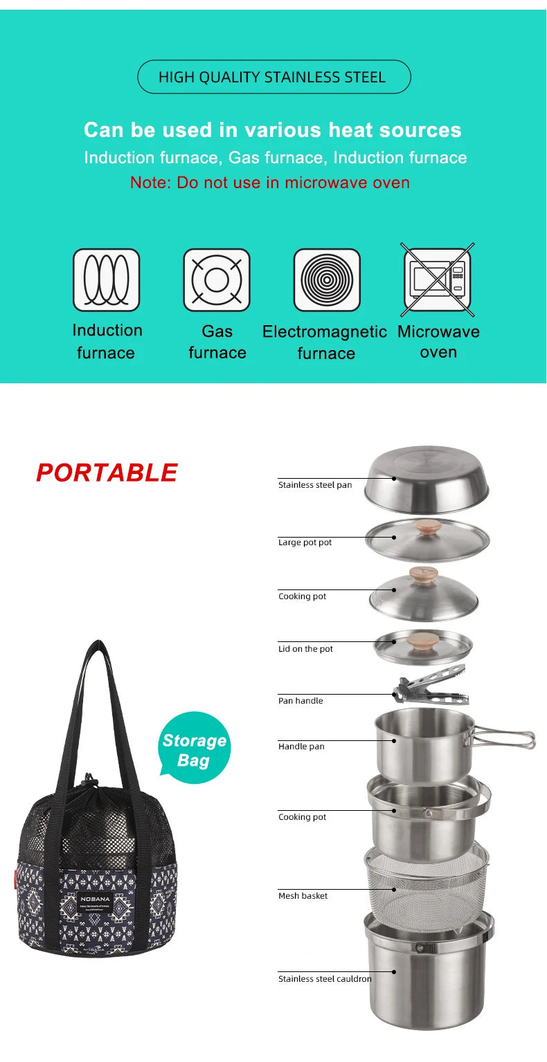 A Style Outdoor Stainless Steel 5pcs Camping Tourism Family 5L Portable Picnic Soup Frying Steaming Household