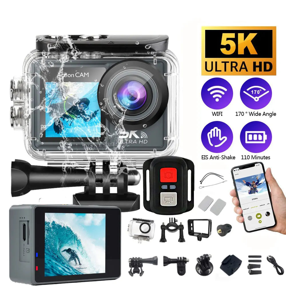 5K Action Camera Pro WiFi Waterproof Sports Camera with Remote Control EIS 1080P 60FPS for Bicycle Motorcycle Helmet