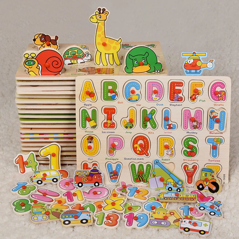 Montessori Wooden Puzzles Hand Grab Boards Toys Tangram Jigsaw  Educational Toys Cartoon Vehicle Animals Fruits 3D Puzzles