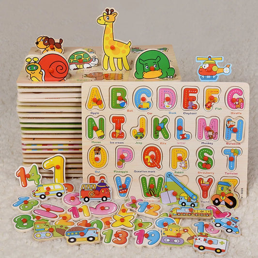 Montessori Wooden Puzzles Hand Grab Boards Toys Tangram Jigsaw  Educational Toys Cartoon Vehicle Animals Fruits 3D Puzzles