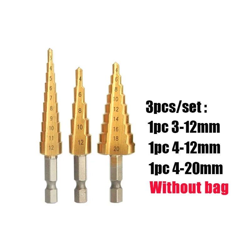 3pc 3-12mm 4-12mm 4-20mm HSS Straight Groove Step Drill Bit Set Titanium Coated Wood Metal Hole Cutter Core Drill Bit Set