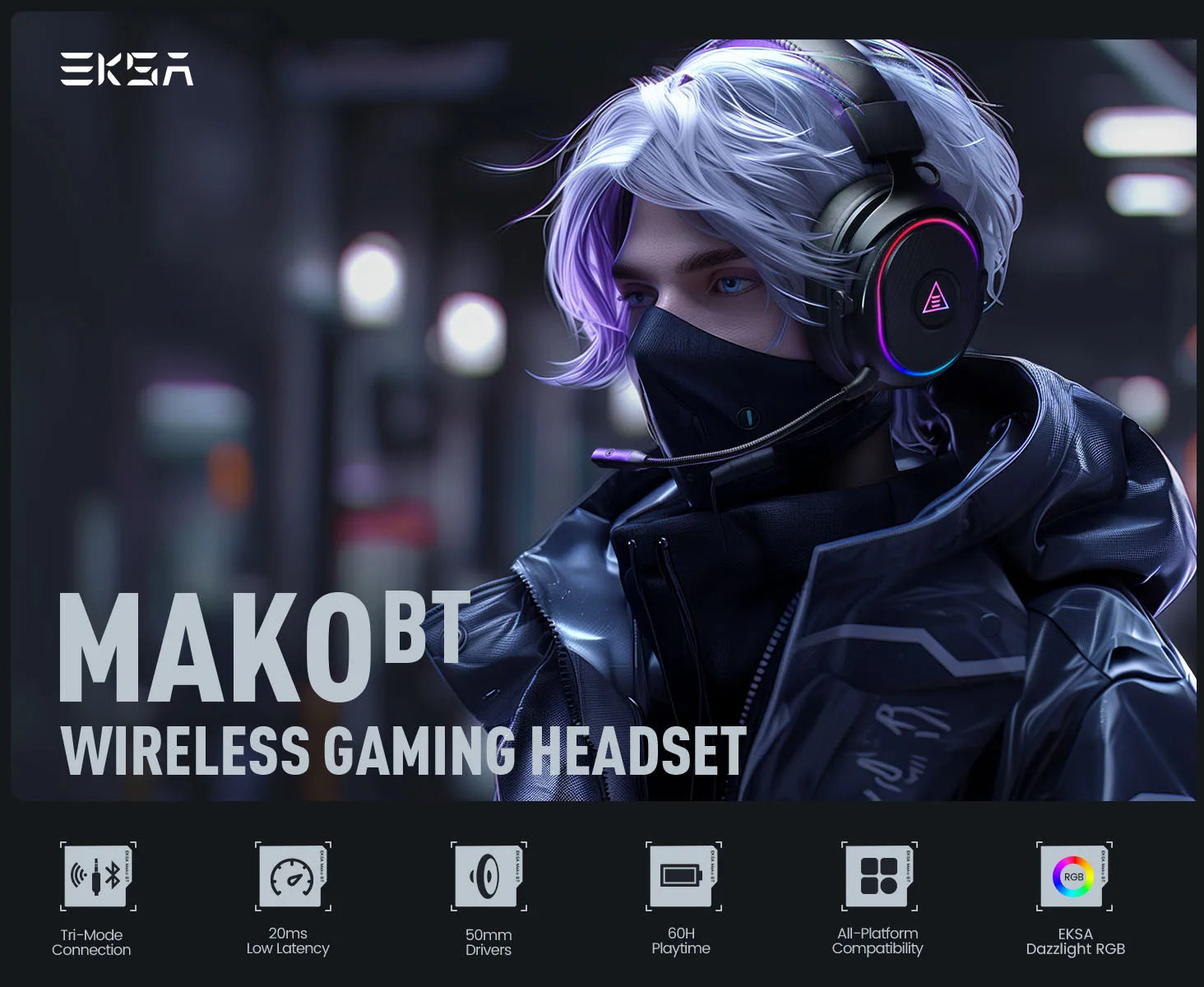 EKSA MaKo BT Bluetooth Gaming Headset Over Ear 2.4GHz Wireless Headphones Gamer 20ms Low Latency With Mic for PC/PS4/PS5
