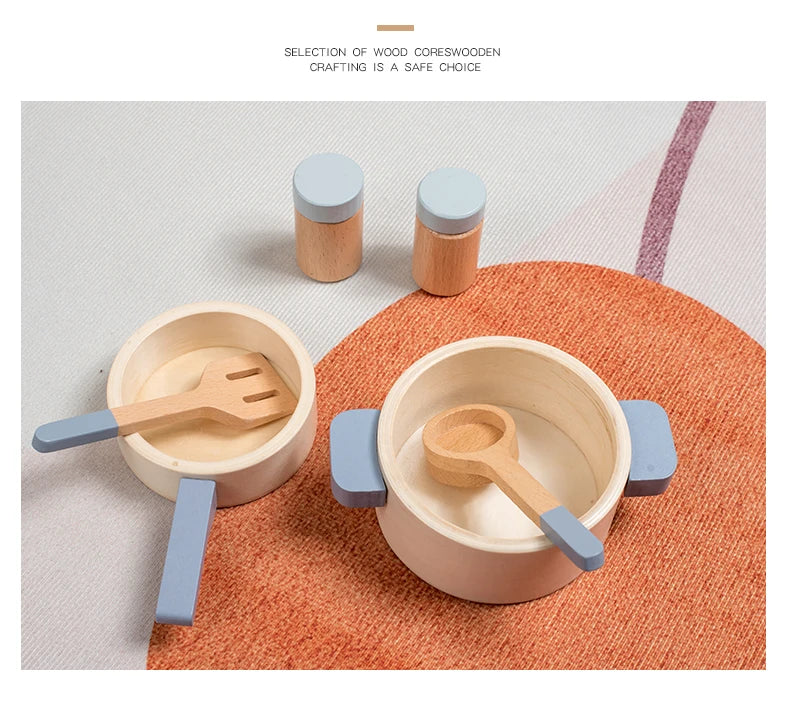 Wooden Pretend Play Kitchen Set with Pots Pans and Utensils