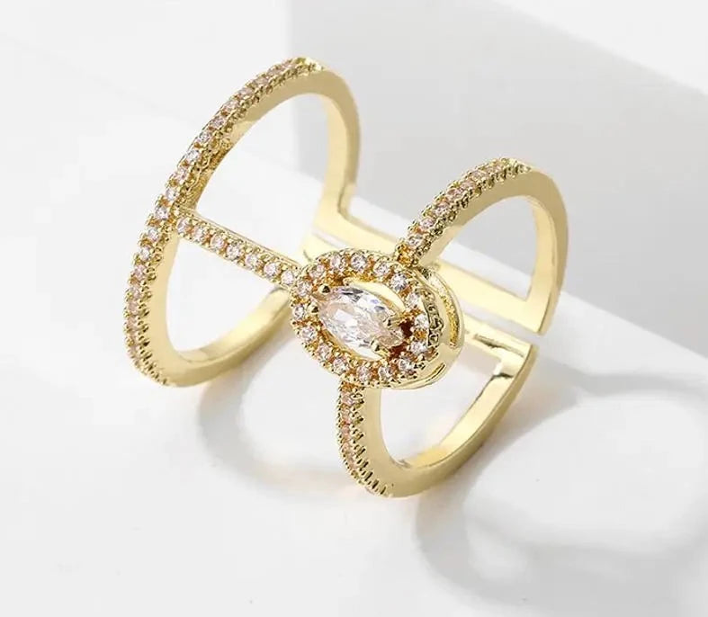 Fashion Double Hoop Splicing Zirconia Open Rings for Women Geometric Micro-inlaid CZ Adjustable Ring