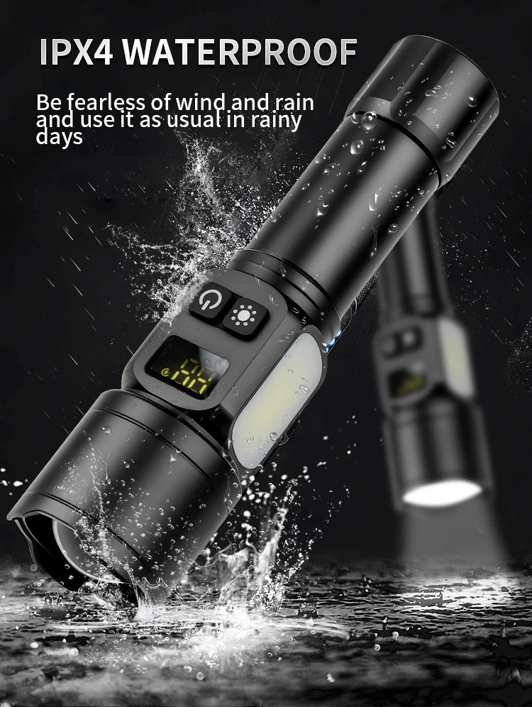 White Laser High Power Rechargeable LED Flashlight with Digital Display Magnet COB Side Light Zoom Torch