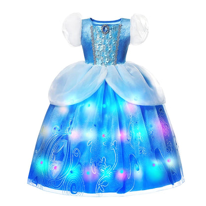 LED Light Up Girls Disney Cinderella Princess Cosplay Dress Kids Ball Gown Sequin Carnival Mesh Clothing for Birthday Christmas