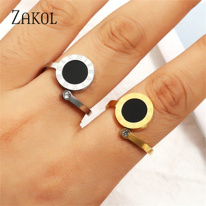 Stainless Steel Roman Numeral Opening Rings for Women Adjustable Round Shell Ring