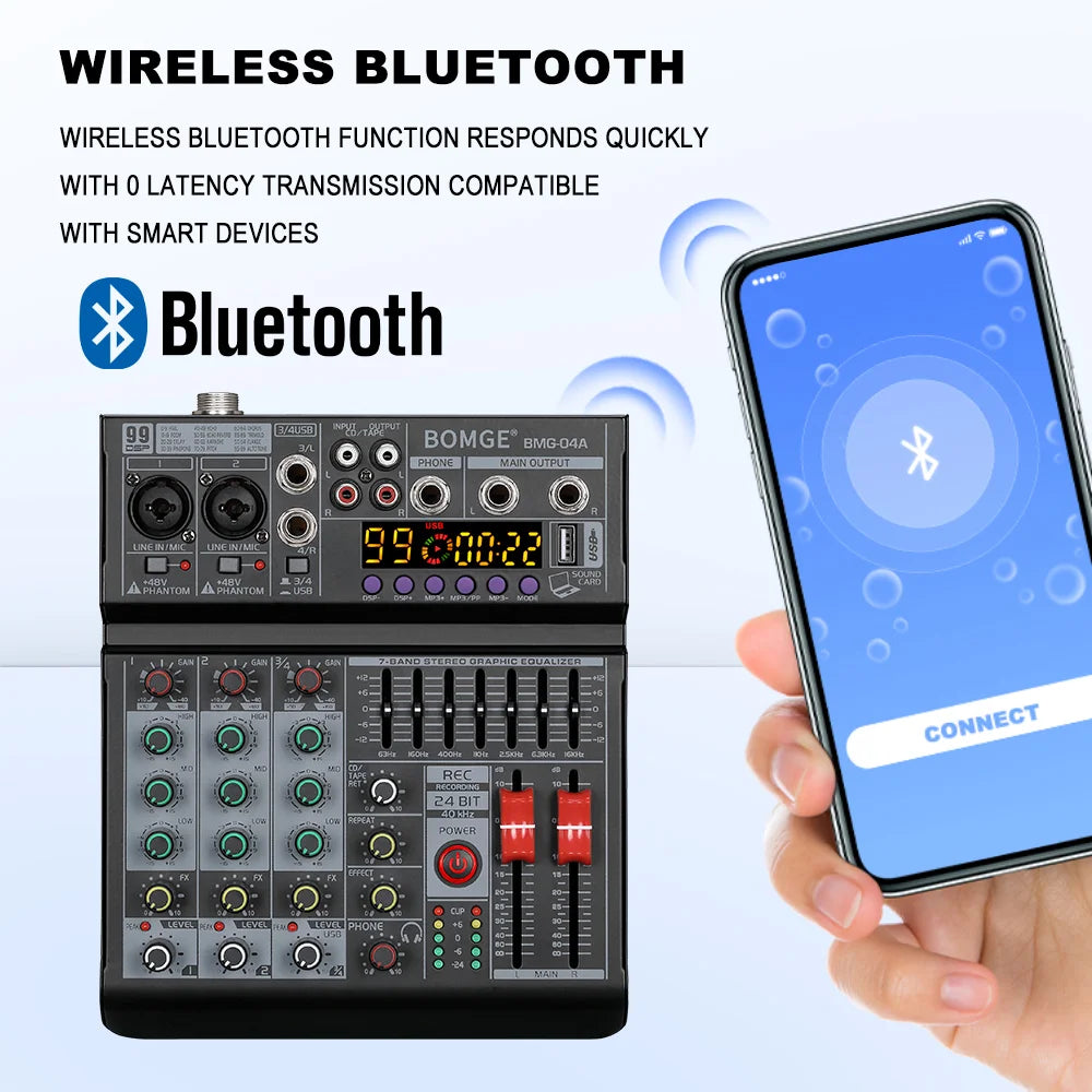4 Channel Audio Mixing Console with 99 Band EQ USB Recording and Bluetooth