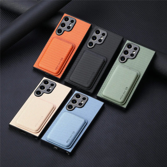 Carbon Fiber Style MagSafe PU Leather Case for Samsung Galaxy S26 / S25 / S24 / S23 Magnetic Card Holder Cover