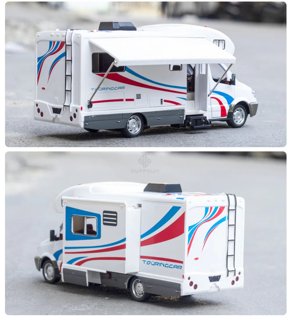 1:32 Alloy Diecast Touring Car Model Toys 3 Doors Opened Sound Light Campervan RV Trailer Vehicles s Toy Gift Collection