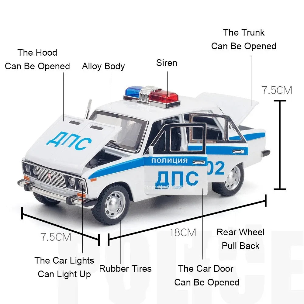 1:24 Scale Special Lada 2106 Police Car Model Toy Alloy Body Rubber Tire Metal Diecast 110 Explosion-proof Vehicle Models