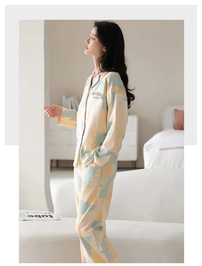 Women’s Winter 100% Cotton Pajama Set – Loose Fit, Turn-Down Collar, Long Sleeves, Cute Pink