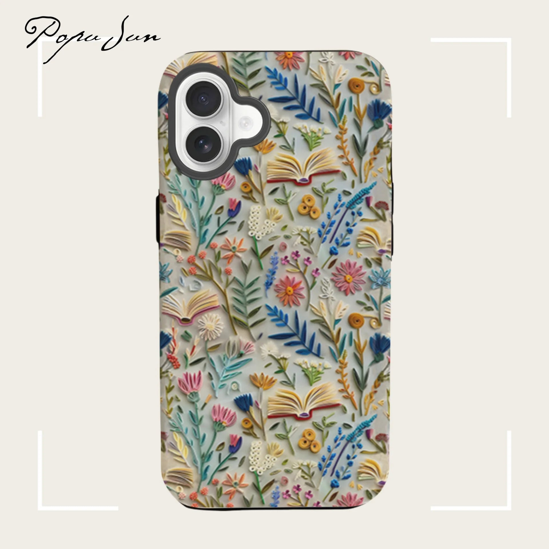 Romantic Wildflower Boho Embroidery Phone Case for iPhone 16 15 Pro Max Plus – 2 in 1 Hard Protection