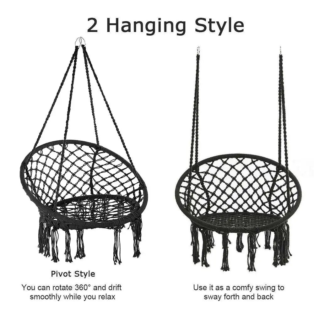 Nordic Style Round Hammock Swing Chair Safety Hanging Hammock Rope Hanging Garden Seat Beige Knitting Rope Swing Balcony Chair