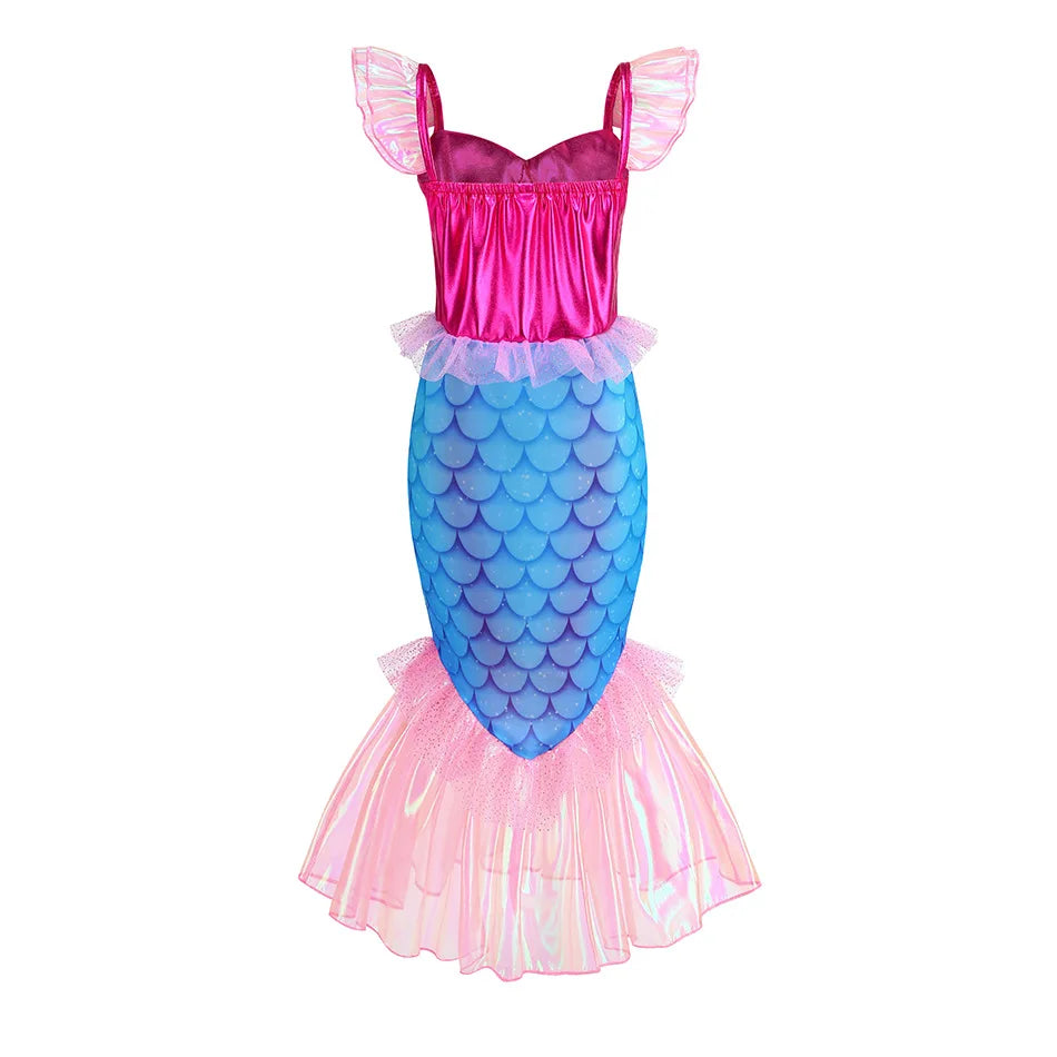 New Blue Red Purple Three Colors Mermaid Flying Sleeve Fishtail Beautiful Dress For Girl Summer Beach Party Cool Gown
