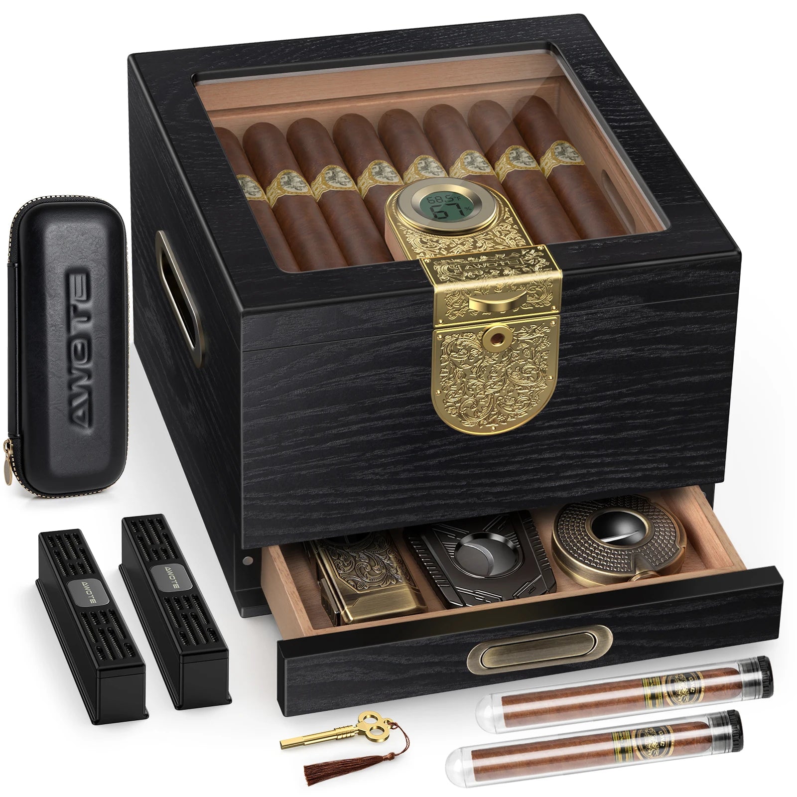 Cigar Humidor, Cedar Wood Cigar Box, Includes Leather Cigar Case, Cigar Tube, Digital Hygrometer and 2 Humidifiers, Gift Set