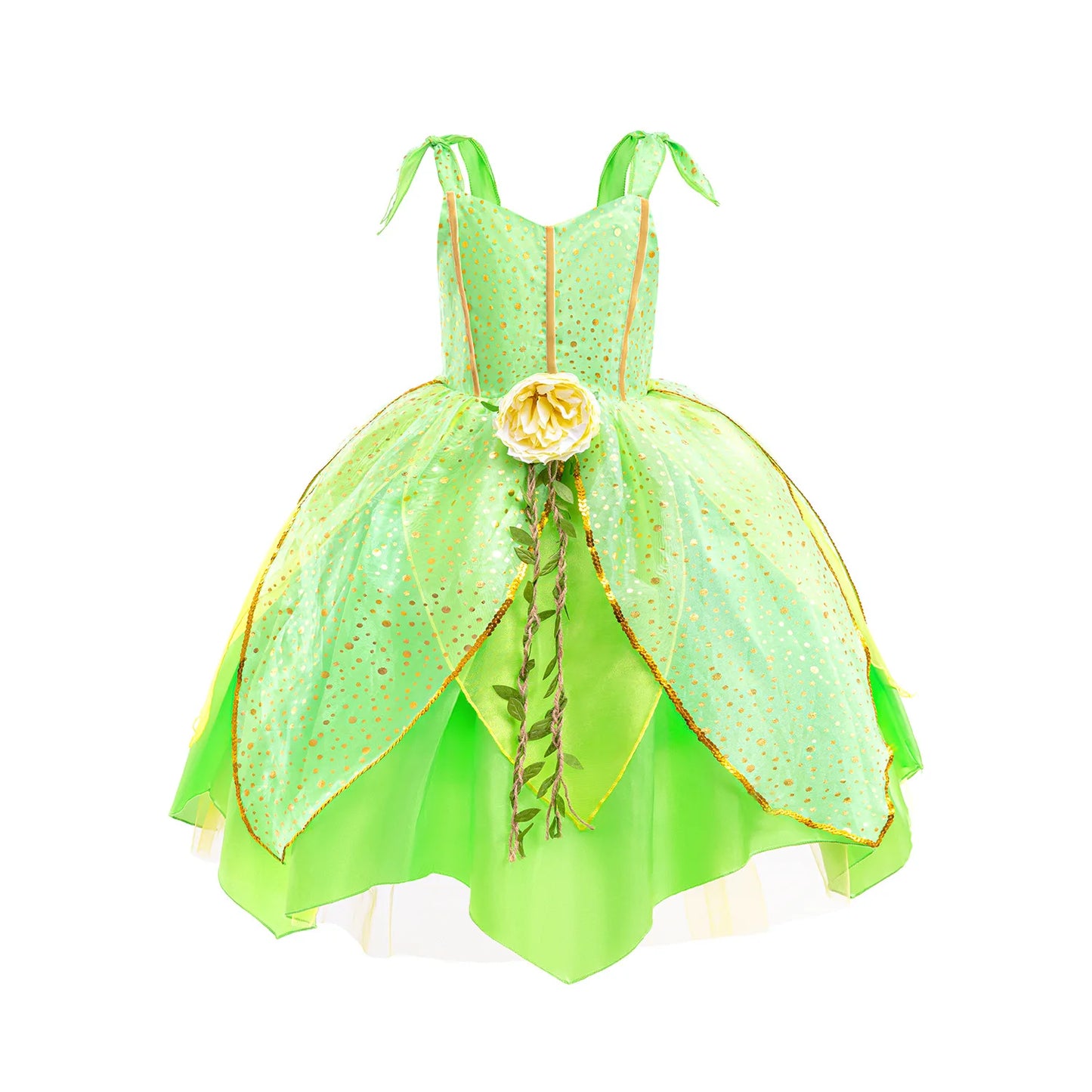 Girl Green Leaf Sequin Fairy Dress Sleeveless Strap Elf Tutu Gown Kids Birthday Party Halloween Cosplay Forest Princess Costume
