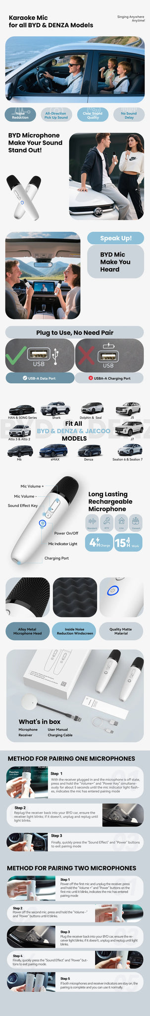 BYD & DENZA Official factory Car Microphone With Receiver, Karaoke Microphone for BYD all Models + Denza J5 J7, Original sale.