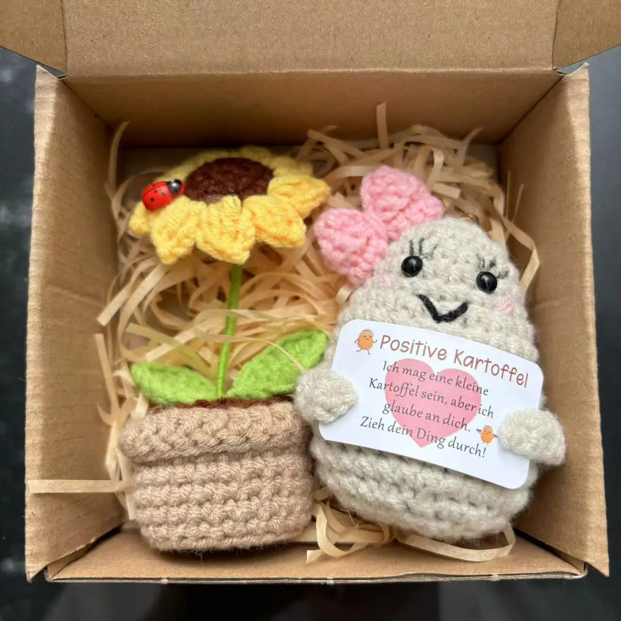 4 Pcs Positive Energy Cucumber with Sunflower Pot Kit Home Room Decor Funny Handmade Knitted Potatoes Wool Doll Christmas Gifts