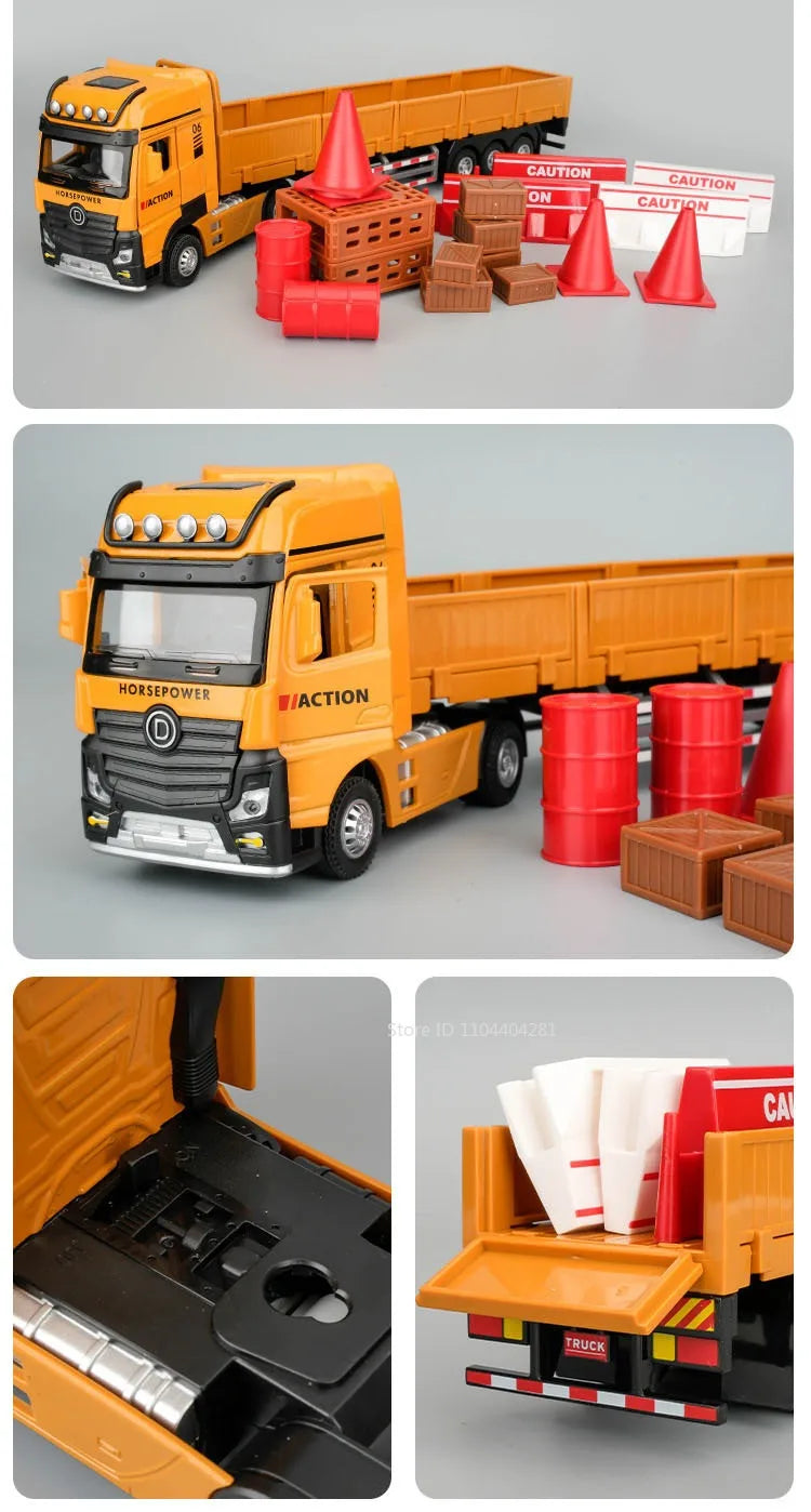 1:32 Roadblock Transport Truck Flatbed Trailer Model Toys Diecast Alloy Car Doors Opened Sound Light Pull Back Vehice Boy's Puzz