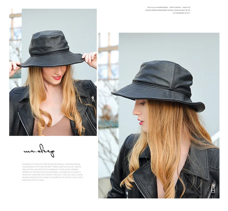 Spring Winter Japanese Women Genuine Leather Bucket Hats Black Fisherman Caps Easy Carry Street Bonnet