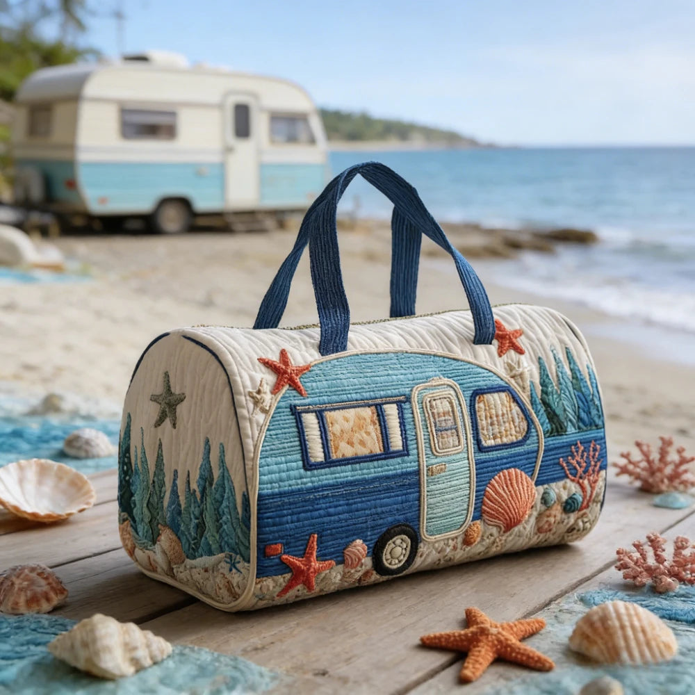 3D Printed Quilted Travel Handbag Camper Van Design with Sea Shell Starfish Lightweight Weekender Vacation Carry-On Duffel Bag
