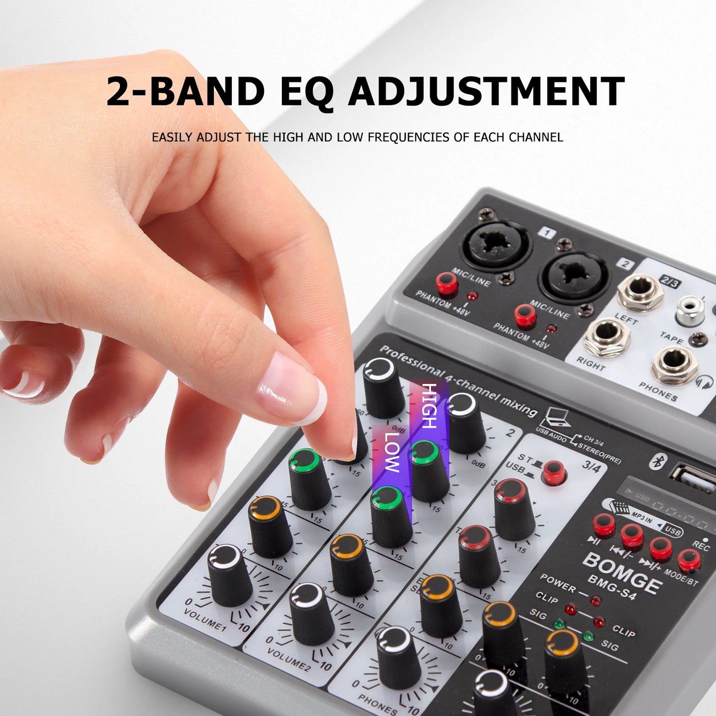 Professional 4 Channel Audio Mixer with USB Bluetooth Echo Delay and 48V Phantom Power