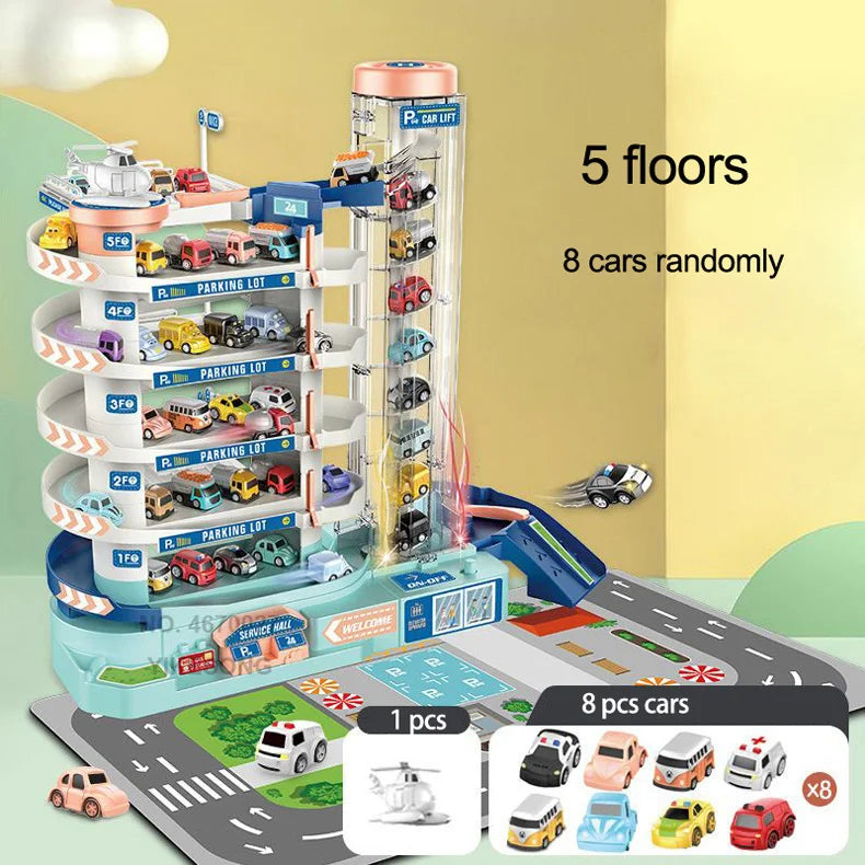 5F Electric Garage Toy Building Multilayer Parking Lot Car Track Game Children Train with Rail Drive Racing Cart Table Kid Gifts