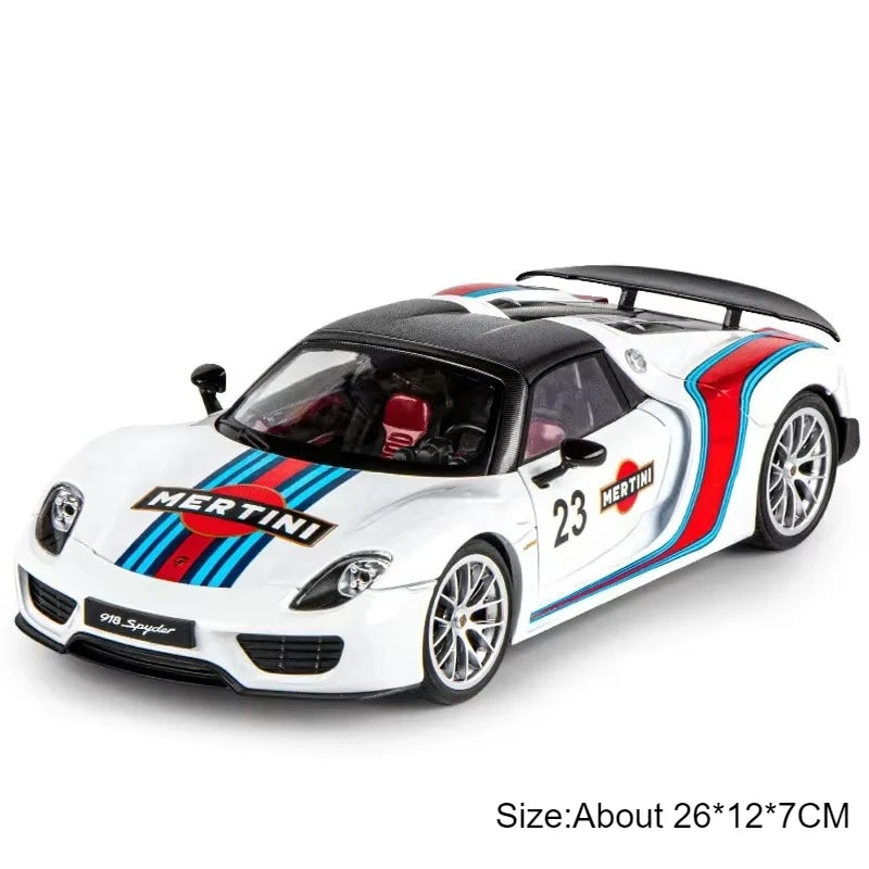 1:18 918 Spyder Martini Pagani Huayra Diecast Alloy Model Toys Car Doors Opened with Sound Light Miniature Vehice Adult Boy Gift