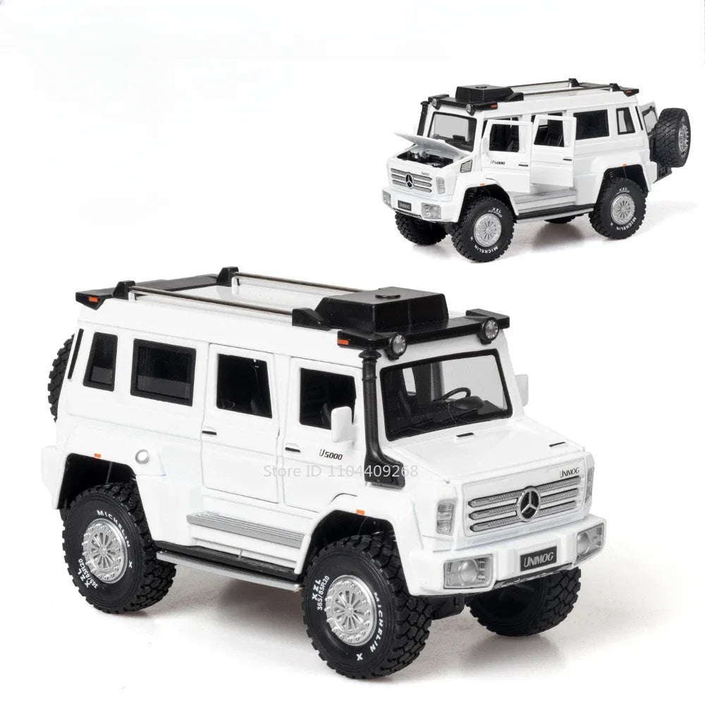 1:28 Scale UNIMOG Motorhome X-Class 6x6 U5000 Car Model Toy Sound Light Pull Back Doors Opened Off-road Vehicle Models Boys Gift