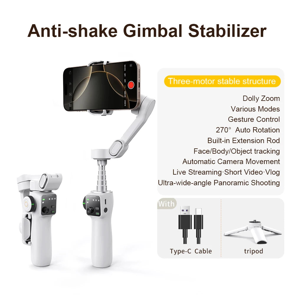 3-Axis Handheld Gimbal Phone Stabilizer with Extension Rod  8.0 Anti Shake Face Tracking for Phone Outdoor Shooting Vlog