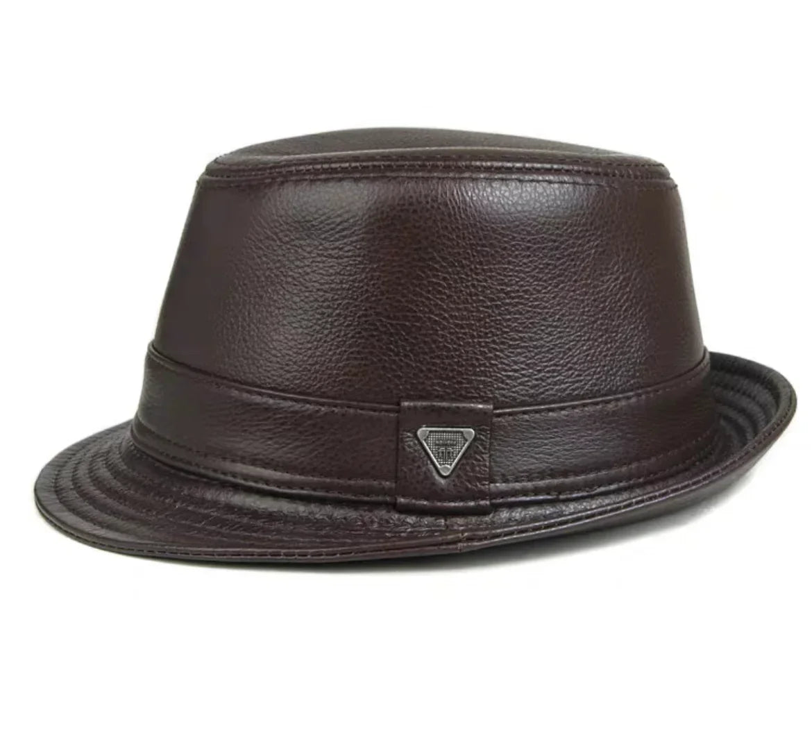 Man High Quality Genuine Leather Jazz Fedora Gentleman Cow Skin Short Brim Fitted Top Hat Male Shows