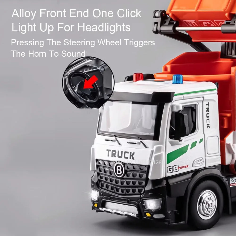 1:18 Electric Sanitation Garbage Truck Toy Cars Model Alloy Water Tanker Diecast Light Sound Vehicle 's Educational Toys