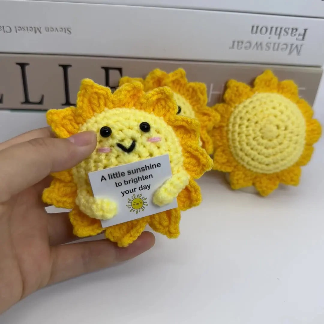 3 Pcs Funny Positive Crochet Sunshine Doll Desktop Ornament Handmade Cheer Emotional Support Positive Sun with Card Home Party Decor
