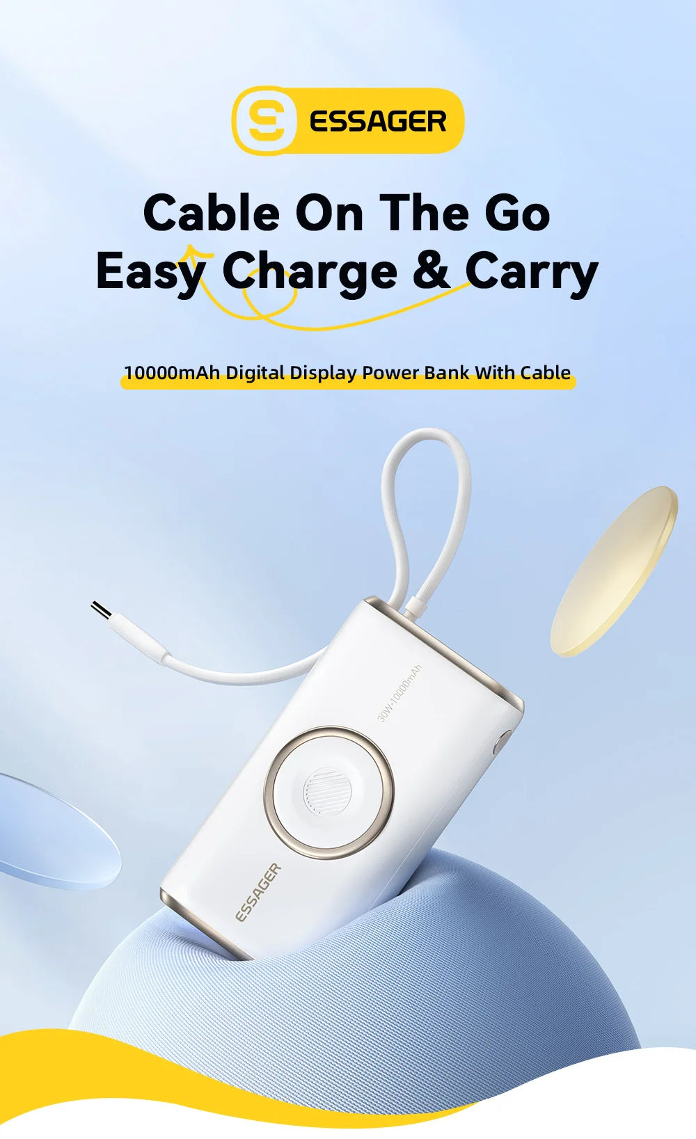 10000mAh Power Bank 30W PD Fast Charging Wireless Magnetic Charger with Built-in Cable & Digital Display