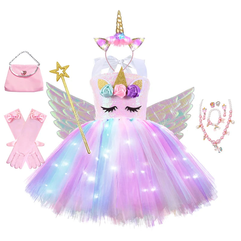 Girls Rainbow Unicorn Light Up Tutu Dresses for Kids Birthday Party Sequins Glowing Knee Length Dress Halloween Animal Costumes