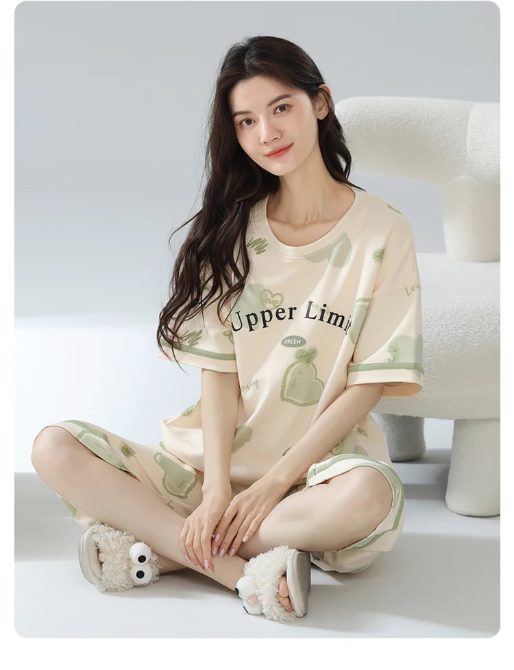 2-Pcs Women’s Summer Cotton Pajama Set – Short Sleeve Top & Calf-Length Pants with Cute Prints