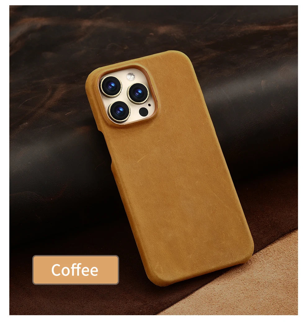 Retro Cowhide Phone Case for iPhone 16 15 14 Pro Max 16Pro 14Pro 15Pro Luxury Crazy Horse Genuine PULL-UP Leather Back Cover