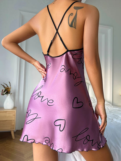 Heart Letter Print Nightdress  Casual Round Neck Spaghetti Strap Sleep Dress  Women's Sleepwear   Dresses