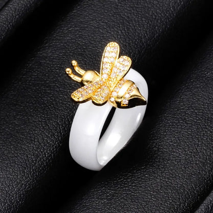 6mm Black/White Ceramic Crystal Bee Wedding Rings For Women Smooth Fashion Engagement Ring