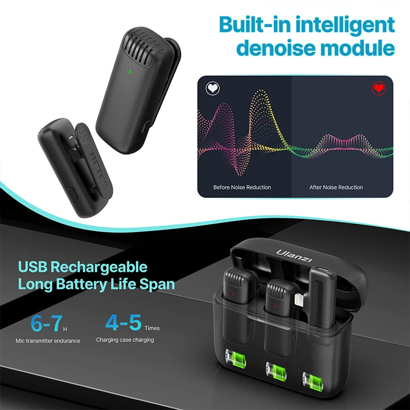 Wireless Lavalier Microphone Dual Mic Plug & Play for iPhone Android Live Recording