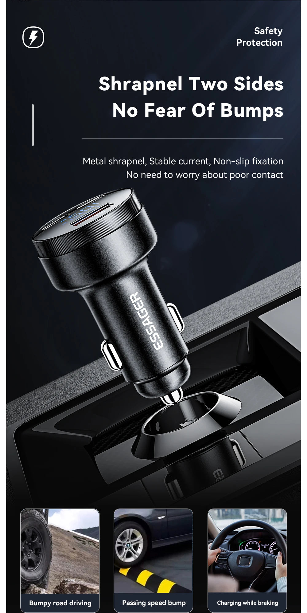 105W USB C Car Charger 3 Port PD 3.0 QC 4.0 Fast Charging GaN Adapter with Digital Display