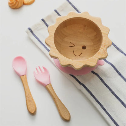 Baby Wooden Tableware Set Sun Bamboo Wooden Plate Bowl Silicone Suction Wooden Handle Fork Spoon for Newborn Feeding Supplies