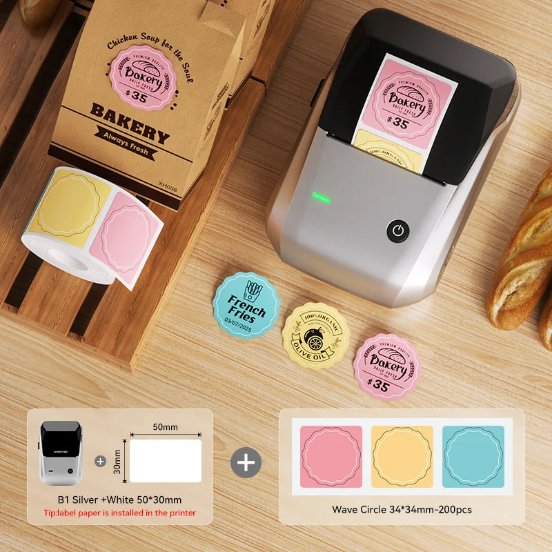 B1 Thermal Label Printer, Bluetooth Portable Sticker Maker 20–50mm, Inkless Barcode Price Tag Label Machine for Business & Food