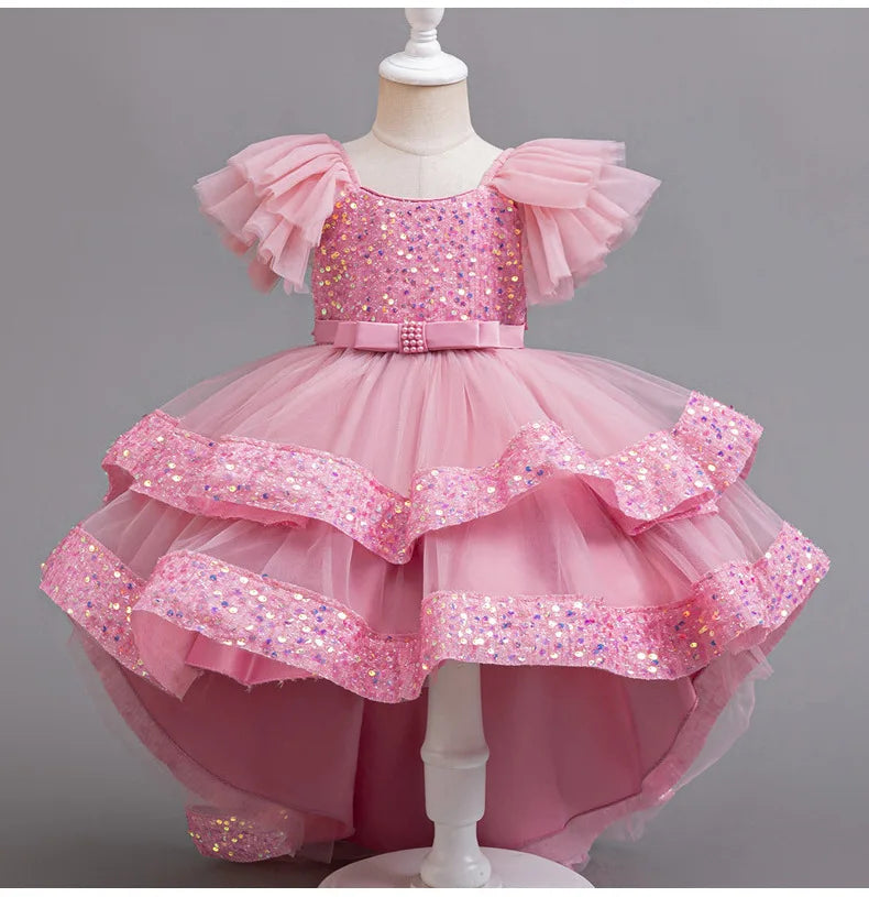 Sparkling Girls' Evening Gown - Sequin Dress with Train for Birthday Party & Piano Recital