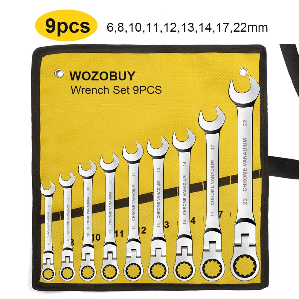 Metric Flex Head Ratcheting Combination Wrench Set 6–22mm 72-Tooth Cr-V Steel Spanner Set with Portable Storage Bag
