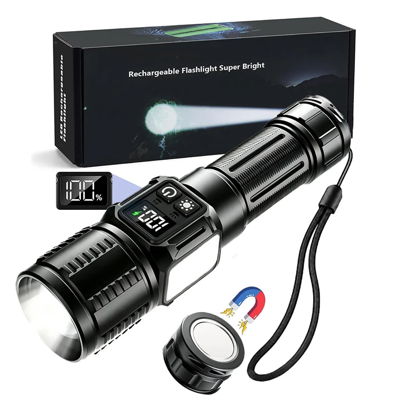 Rechargeable LED Flashlight With Magnetic Base COB Light Zoom And Power Display