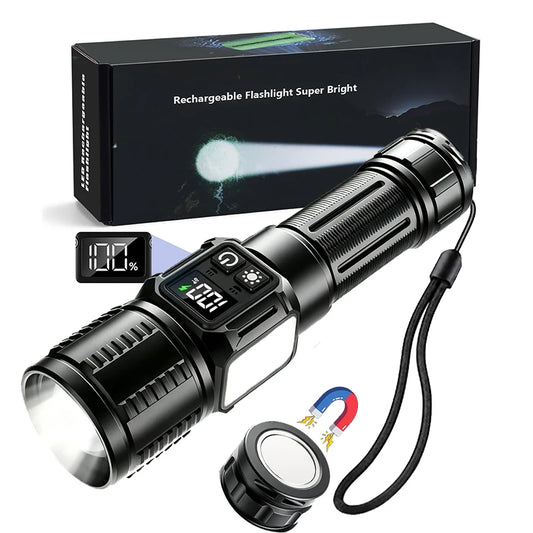 Rechargeable LED Flashlight With Magnetic Base COB Light Zoom And Power Display