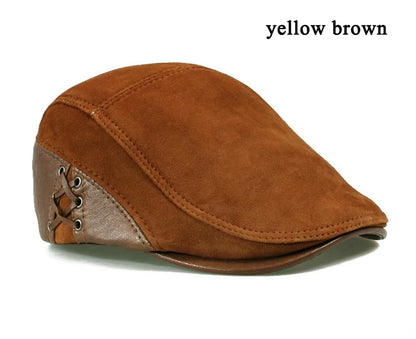 European Style Genuine Leather Caps Beret Man Casual Sheepskin Suede Fitted Duckbill Hats Male